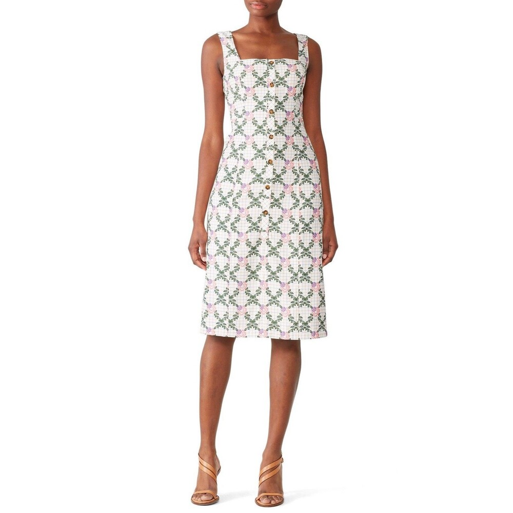 THE EAST ORDER Midi Dress LARGE‎ Tarshie White Floral Plaid Sleeveless Button